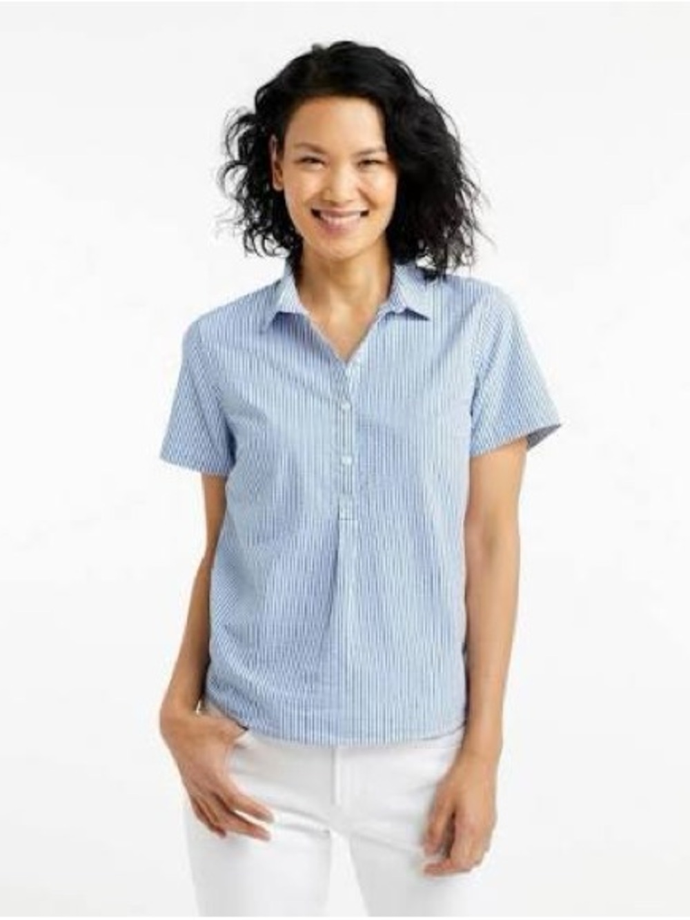 L.L. Bean GREEN and White Striped Short-Sleeve Button Popover